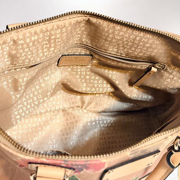 Kate Spade Floral Satchel Crossbody Handbag Beige Linen Jute Canvas Leather Trim - Picture 6 of 12